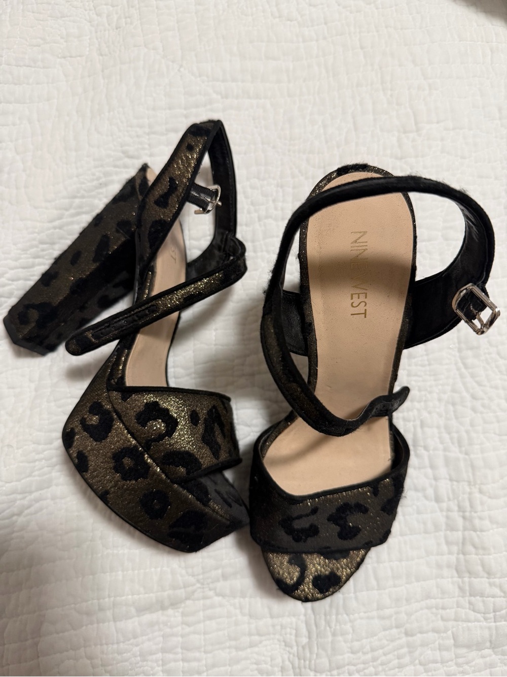 Nine West Black and Gold Leopard Platform Sandals